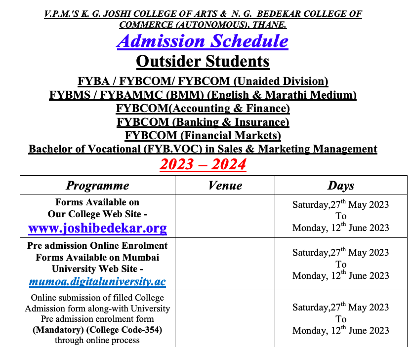bedekar college vpm thane admission schedule 2023 merit list download dates