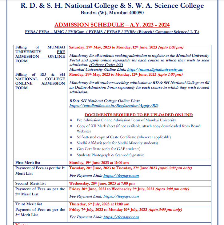 r.d national college admission merit list 2023 cut off for fyba fybcom