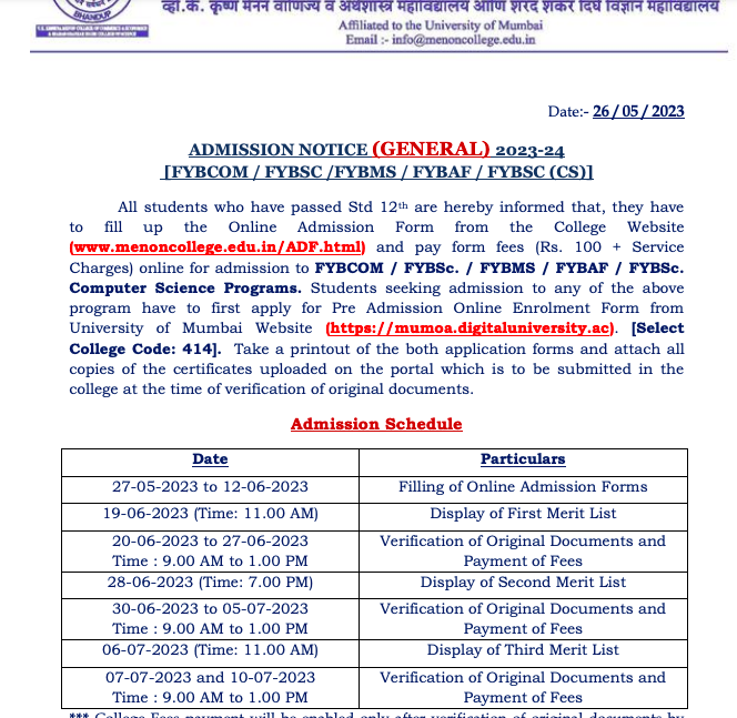 menon college admission schedule for outsider students 2023-24
