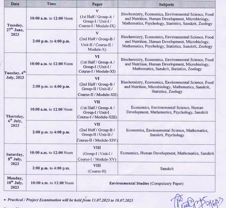 cu exam routine for 6th semester 2023