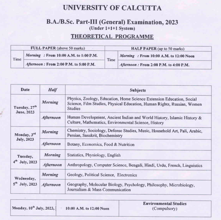 BA BSc Course CU Exam Routine for General part 3