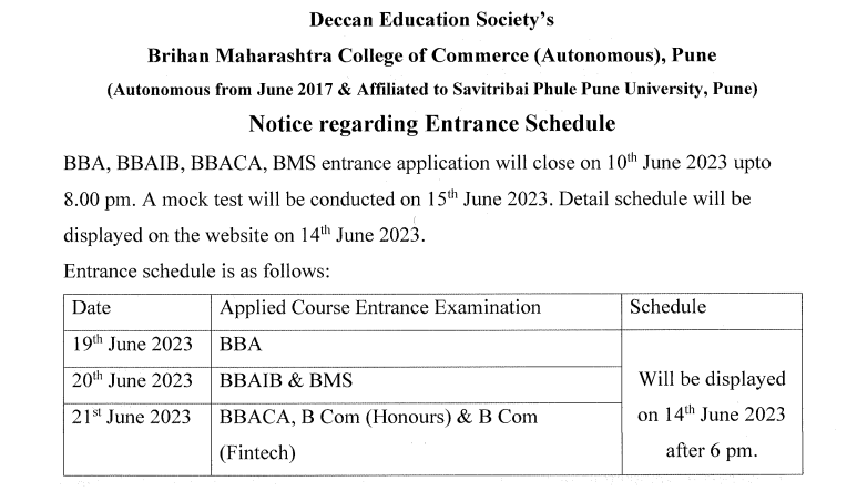 fybba fybms admission bmcc pune merit list 2023 download exam date for entrance