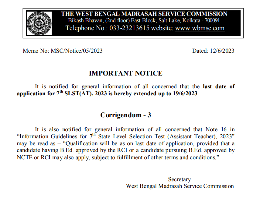 wb madrasah recruitment online application form fill up last date extended notice 2023