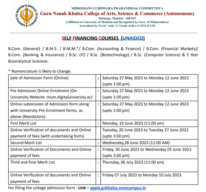khalsa college merit list publishing date 2023