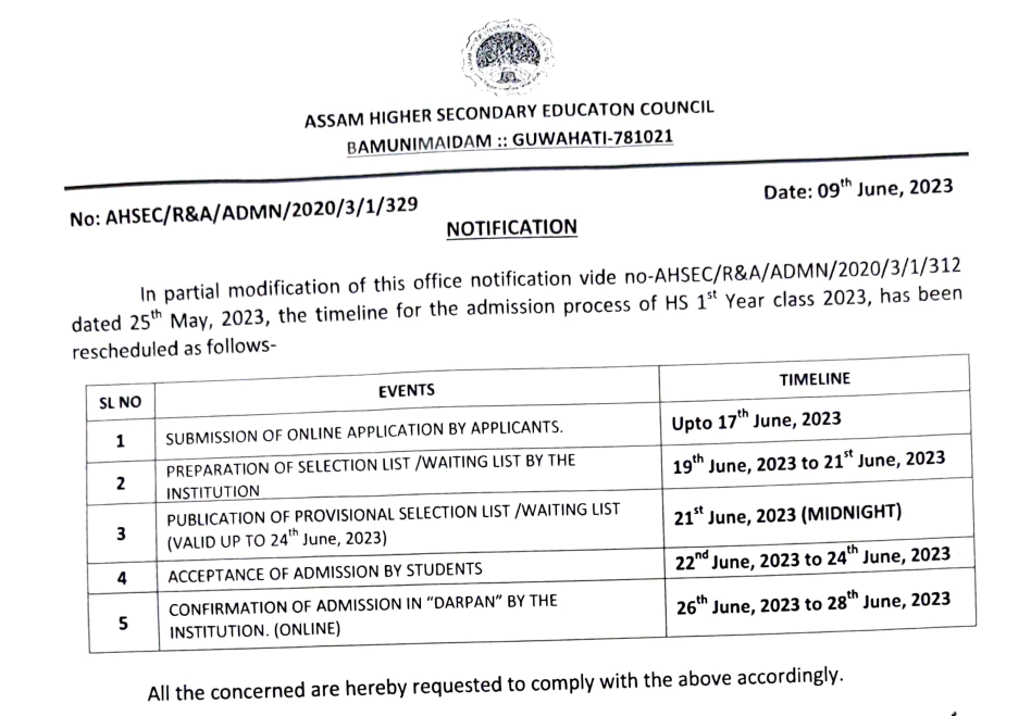 darpan hs assam admission portal merit list release date schedule notice 2023
