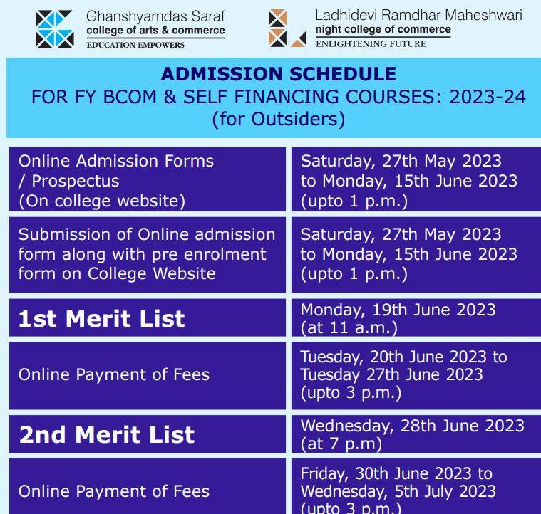 saraf college online admission 2023 schedule merit list download
