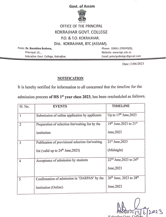 kokrajhar govt college 1st year admission merit list schedule 2023