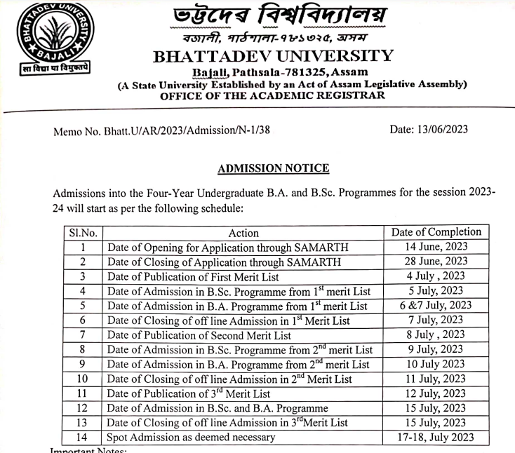bhattadev university admission 2023-24 merit list download links 1st year hs