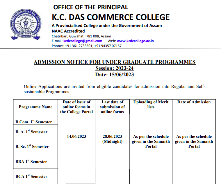 kc das commerce college ba admissions schedule notice 2023 merit list publishing dates