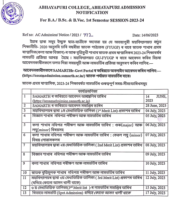 abhayapuri college admission merit list date notice 2023