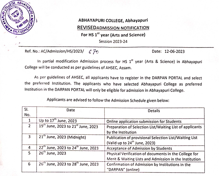 hs 1st year admission list 2023-24 merit list download notice