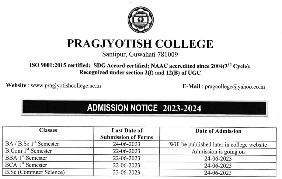 pragjyotish college merit list date 2023-24 download notice
