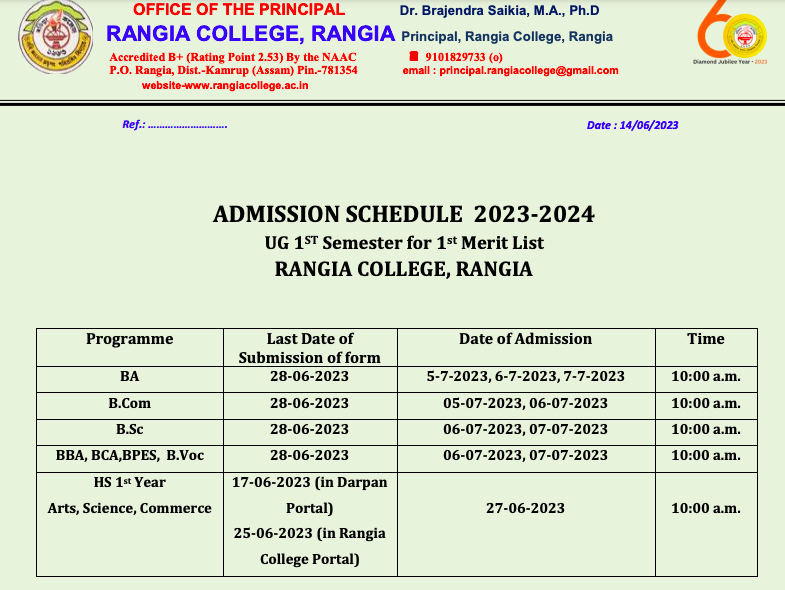 rangia college admission schedule 2023-24 download notice pdf merit list release date