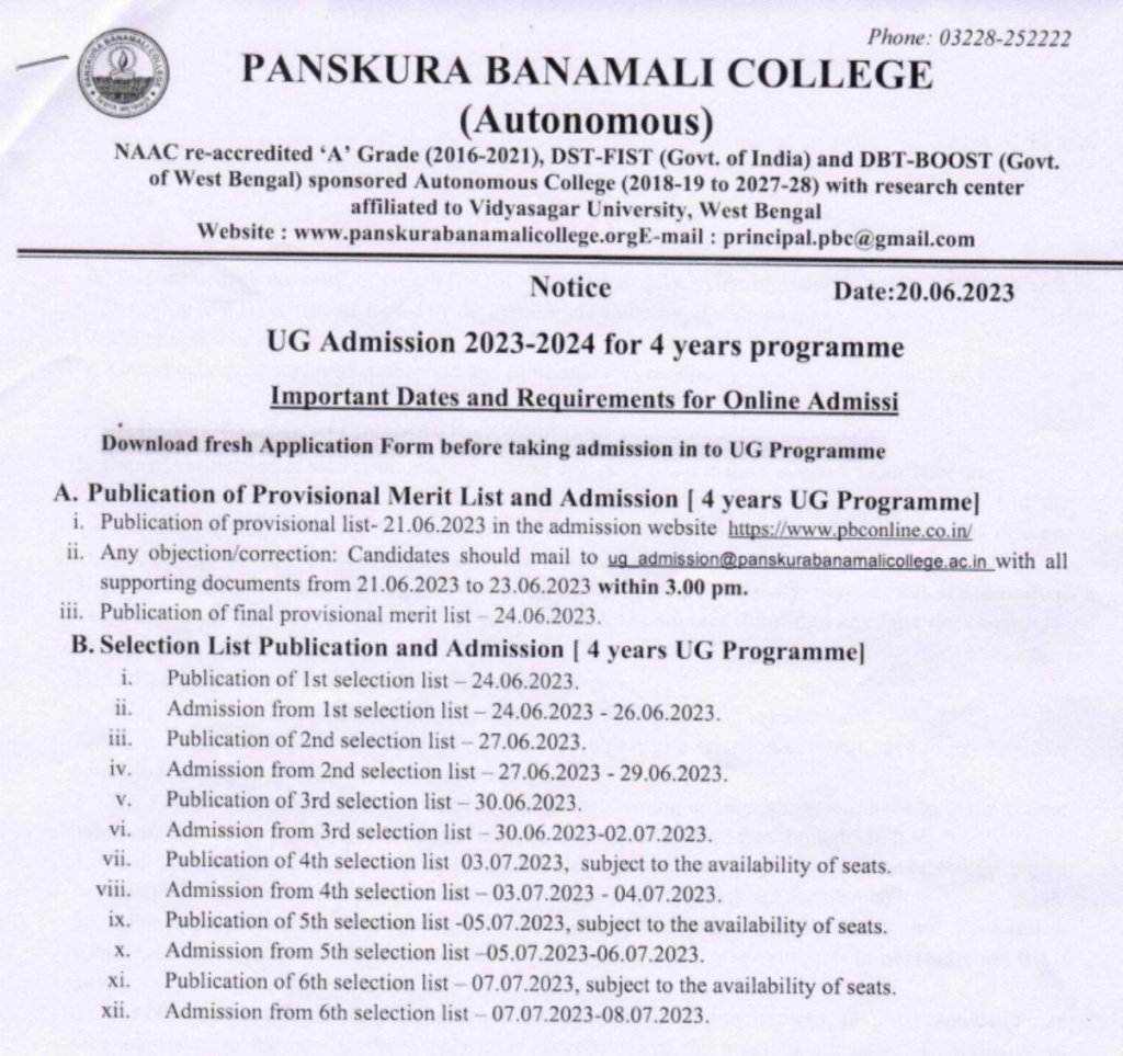 PANSKURA BANAMALI college admission merit list download 2023 schedule