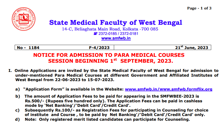 smfwbee 2023 exam notification for online application form fill up