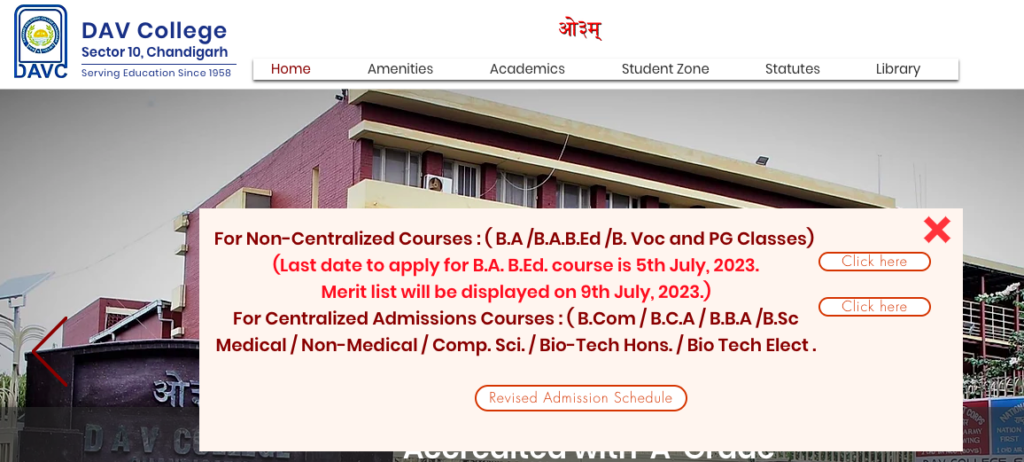 dav college chandigarh admission merit list release schedule 2023-24