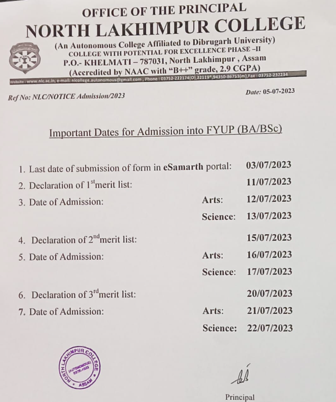 North Lakhimpur College admission notice 2023 merit list publishing dates