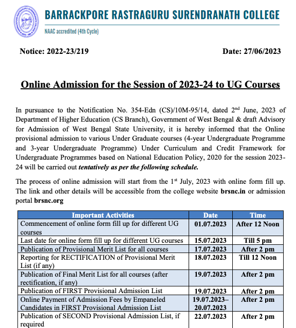 Barrackpore Surendranath College Merit List 2023 schedule download
