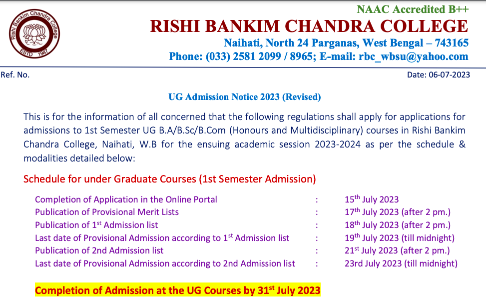 RBC College admission 2023 merit list publishing date notice