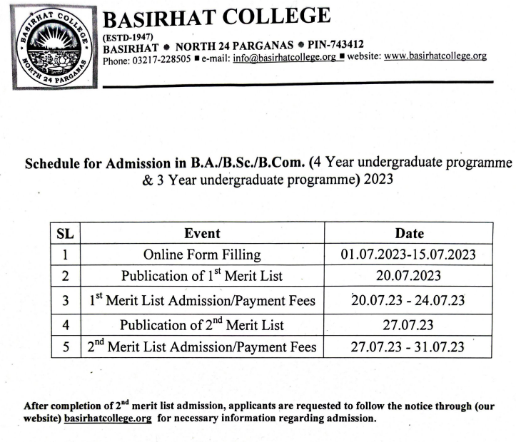 Basirhat College Merit List publishing date notice 2023