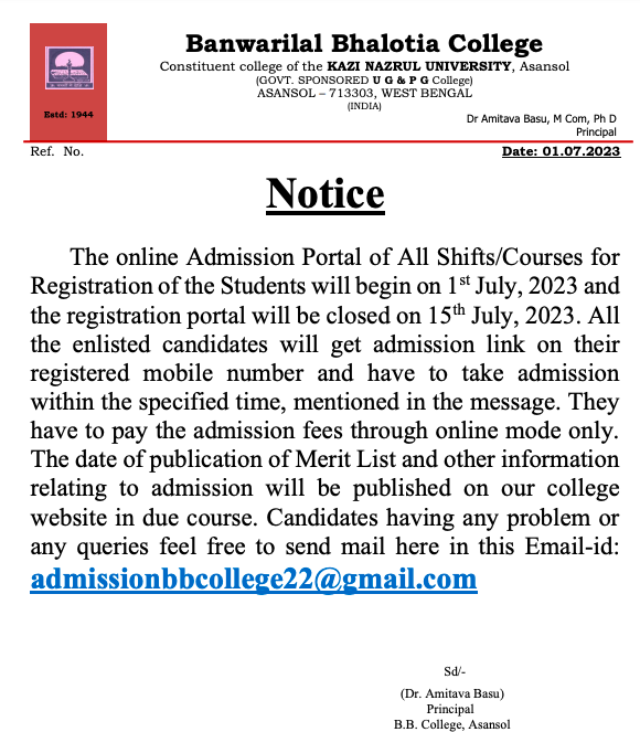 bb college admission 2023 notice merit list download