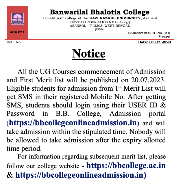 Banwarilal Bhalotia College merit list release date notice 2023