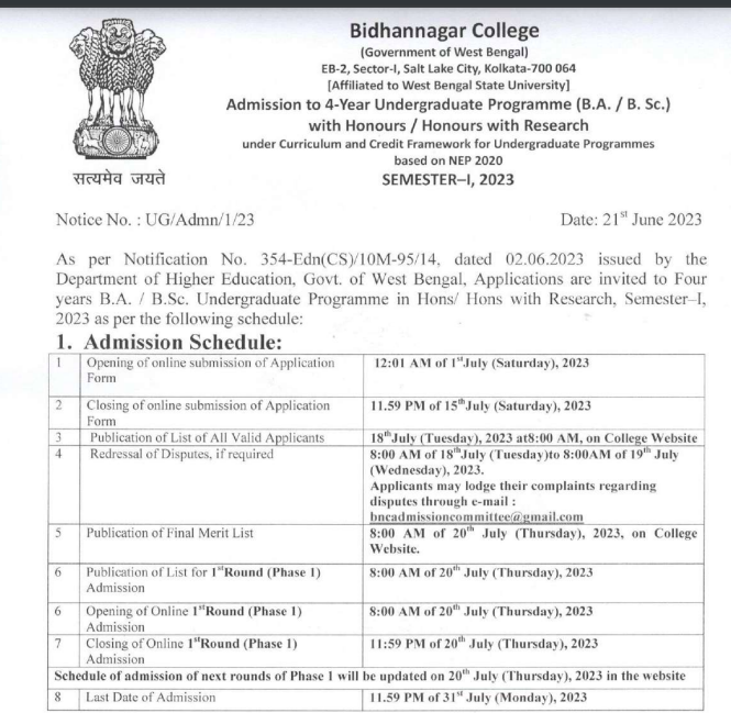 bidhannagar college merit list publishing date 2023