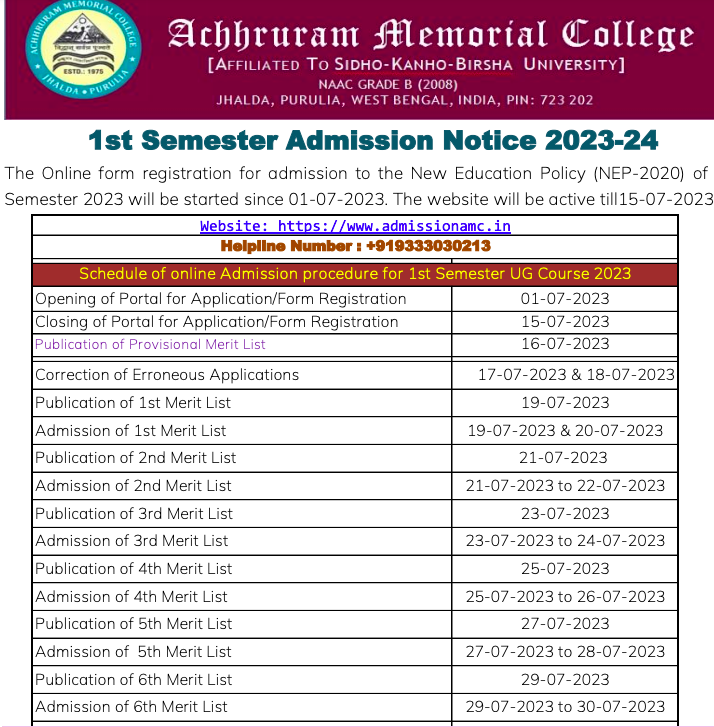 AM College Jhlada Merit List publishing date schedule