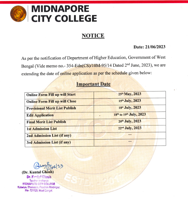 midnapore city college provisional merit list download links 2023