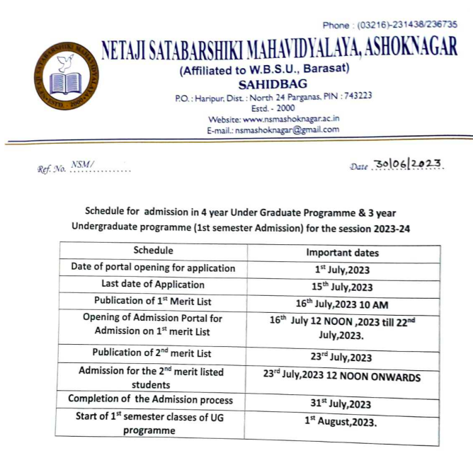Netaji Satabarshiki Mahavidyalaya Merit List 2023 download schedule