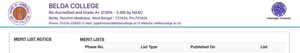 Belda College Merit List publishing date 2024 for admission