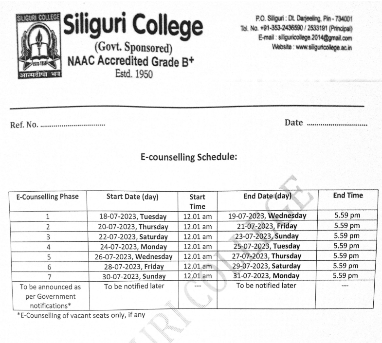 siliguri college admission merit list publishing date 2024