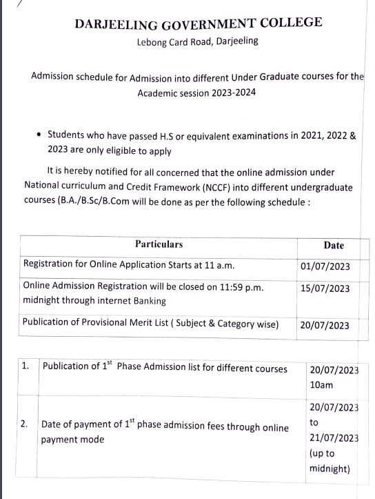 darjeeling government college official admission merit list publishing date