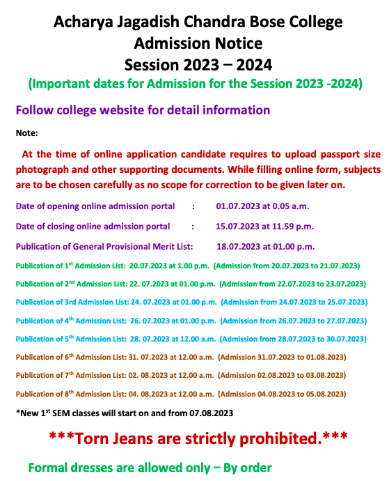 Acharya Jagadish Chandra Bose College merit list publishing schedule notice 2024