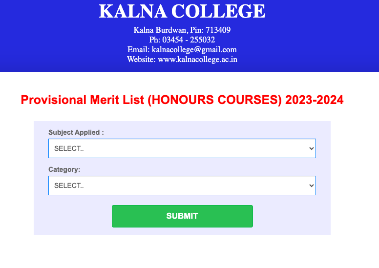 Kalna College Merit List publishing download links 2023