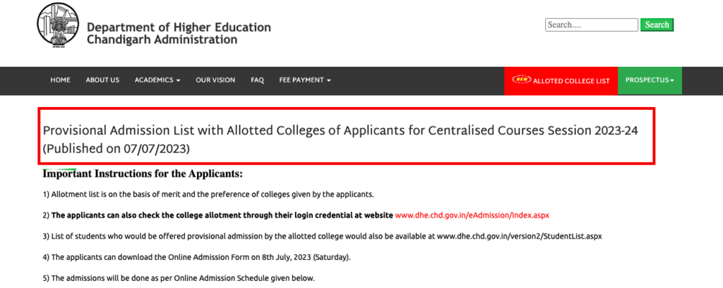 dhe chandigarh merit list download 2023 pdf released college allotted list
