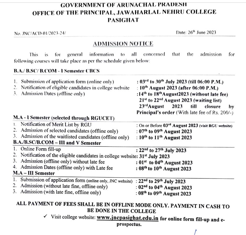 JNC Pasighat Merit List download date 2024 notice