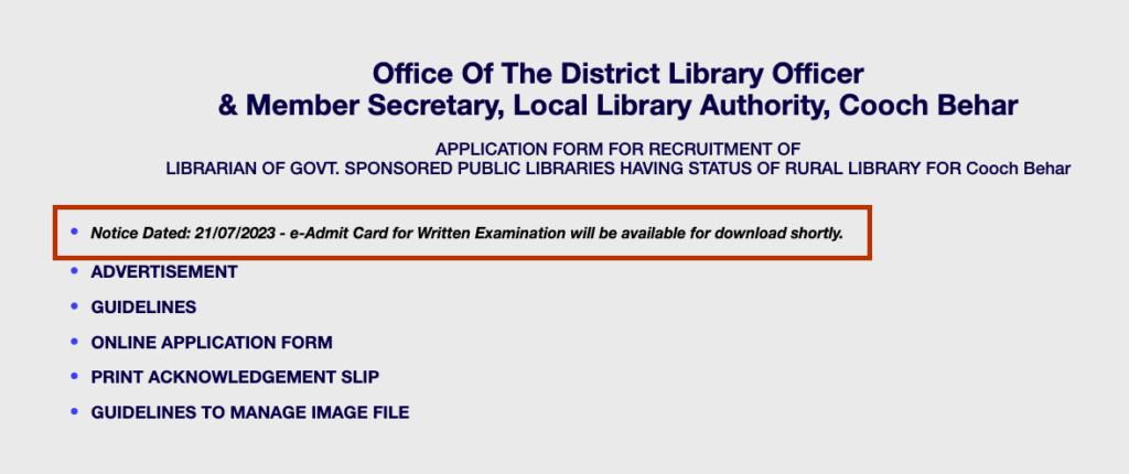wb rural library recruitment - librarian admit card download link, publishing date