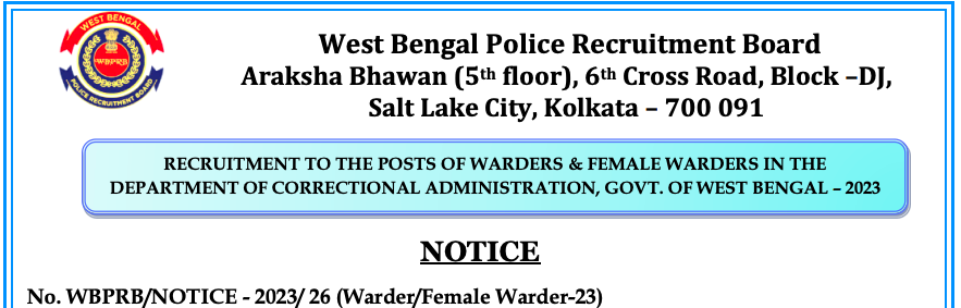 WEST BENGAL Jail Police Recruitment notification 2023 warder vacancy