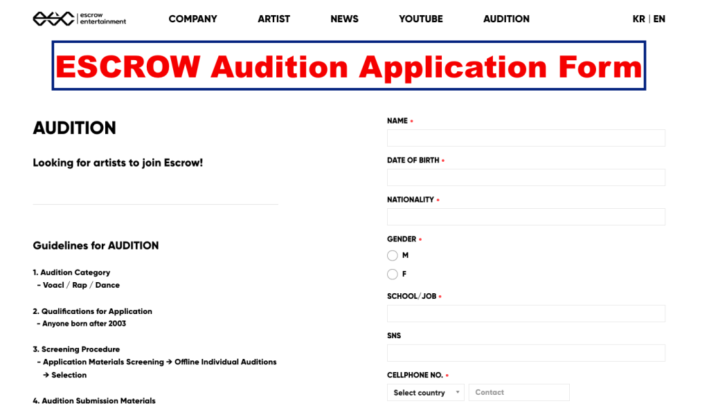 escrow audition online application form